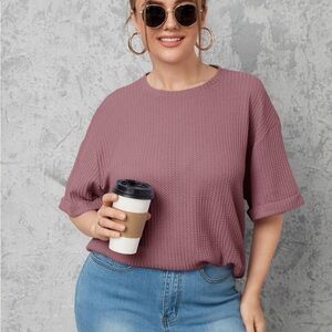 SHEIN Short Sleeve Waffle Knit Top in Mauve